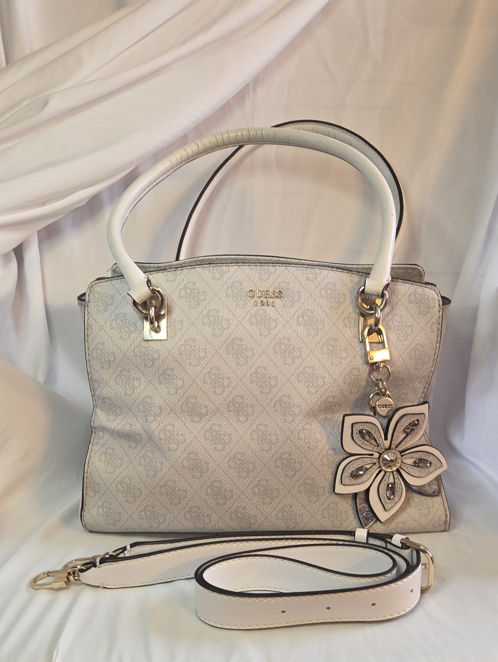 GUESS Monogram Logo Satchel with Flower Charm